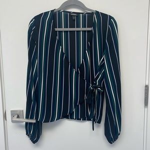Express Striped Wrap Blouse - Black and Teal